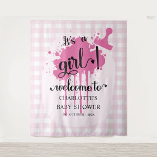 Es ist ein Mädchen! Rosa Gingham-Babyparty-Hinterg Wandteppich