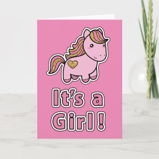 Es ist ein Mädchen | Rosa Pferd Karte (Vorderseite)