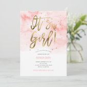 Es ist ein Mädchen, rosa, Wasserfarbe, Baby Girl D Einladung (Stehend Vorderseite)