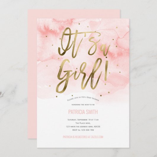 Es ist ein Mädchen, rosa, Wasserfarbe, Baby Girl D Einladung (Vorne/Hinten)