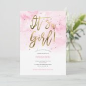 Es ist ein Mädchen, rosa, Wasserfarbe, Baby Girl D Einladung (Stehend Vorderseite)