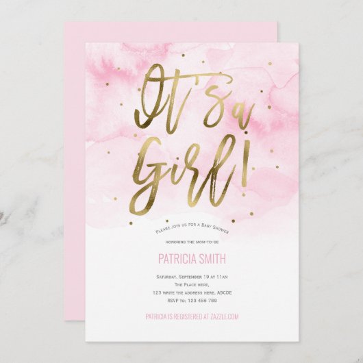 Es ist ein Mädchen, rosa, Wasserfarbe, Baby Girl D Einladung (Vorne/Hinten)