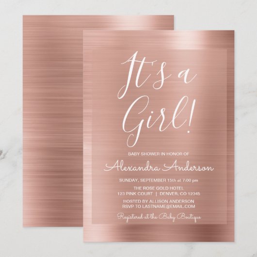 Es ist ein Mädchen! - Rose Gold Foil Babydusche Einladung (Vorne/Hinten)