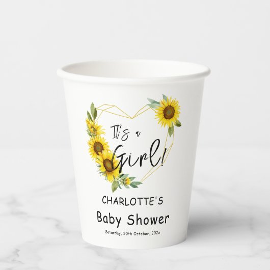 Es ist ein Mädchen! Sonnenblumen Frame Baby Dusche Pappbecher (Vorderseite)