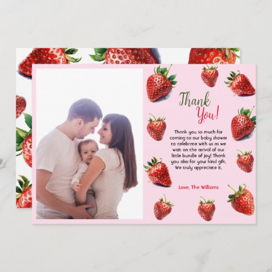 Es ist ein Mädchen Strawberry Babydusche Dankeskarte (Vorne/Hinten)