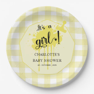 Es ist ein Mädchen Süße Pastellgelbe Gingham-Baby- Pappteller