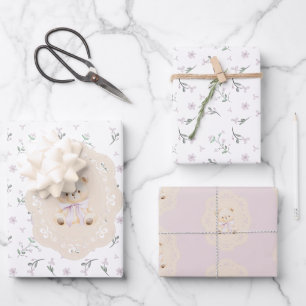 Es ist ein Mädchen! Teddybär mit rosa Schleife Geschenkpapier Set