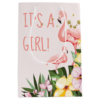 Es ist ein Mädchen! Tropical Floral Gold Pink Flam Mittlere Geschenktüte
