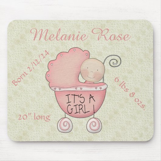 Es ist ein Mädchen! Whimsisches Pink Baby Carriage Mousepad (Vorne)
