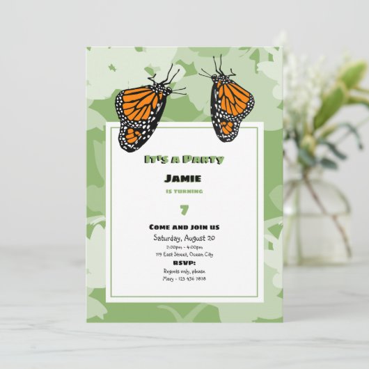 Es ist ein Party Orange Monarch Butterfliy Geburts Einladung (Stehend Vorderseite)