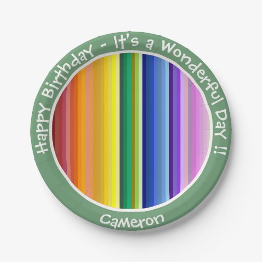 Es ist ein Rainbow-Party, mehrfarbiges Stripmuster Pappteller (Vorderseite)