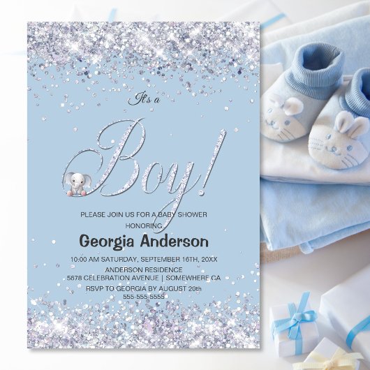 Es ist eine Baby Blue Elephant Glitzer Baby Dusche Einladung