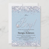 Es ist eine Baby Blue Elephant Glitzer Baby Dusche Einladung (Vorderseite)