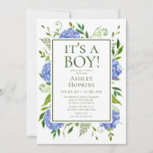 Es ist eine Baby Blue Hydrangeas Babydusche Einladung (Vorderseite)