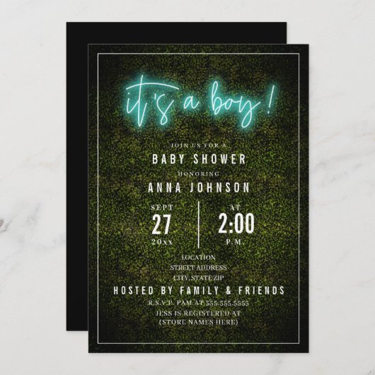 Es ist eine Baby Blue Neon Boxwood Baby Dusche Einladung (Vorne/Hinten)