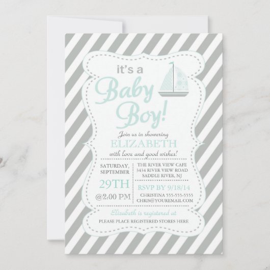 Es ist eine Baby Boy Sailboat Nautical Baby Shower Einladung (Vorderseite)