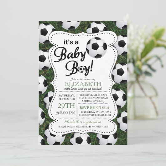 Es ist eine Baby Boy Soccer Baby Dusche Einladung (Stehend Vorderseite)