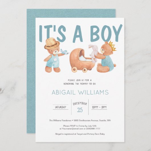 Es ist eine Baby-Dusche aus Boy Teddy Bear Einladung (Vorne/Hinten)