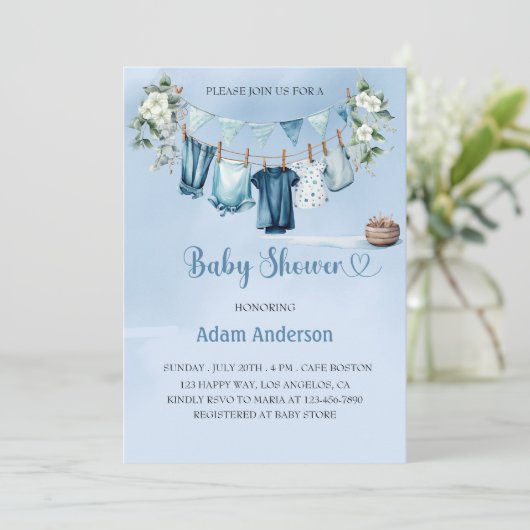 Es ist eine Baby-Dusche mit Blue Wäsche Thema Einladung (Stehend Vorderseite)