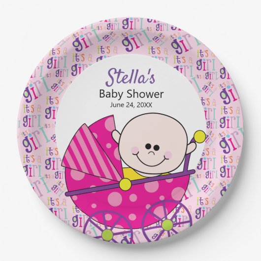 Es ist eine Baby-Pink Baby-Babydusche. Pappteller (Vorderseite)