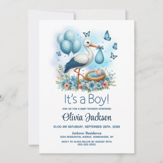 Es ist eine Baby Stork Baby Dusche Einladung (Vorderseite)