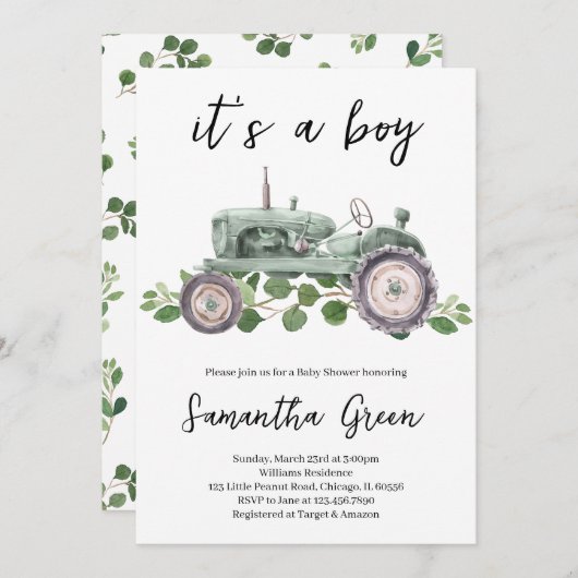 Es ist eine Baby-Traktor-Dusche Einladung (Vorne/Hinten)