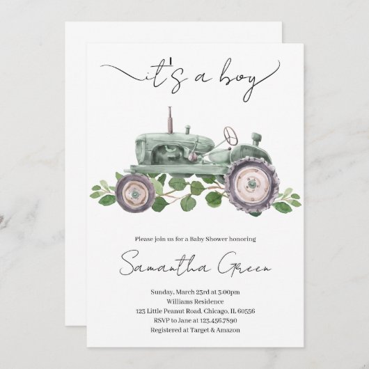 Es ist eine Baby-Traktor-Dusche Einladung (Vorne/Hinten)