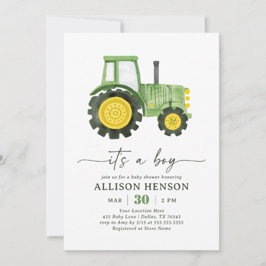 Es ist eine Baby-Traktor-Dusche Einladung (Vorderseite)