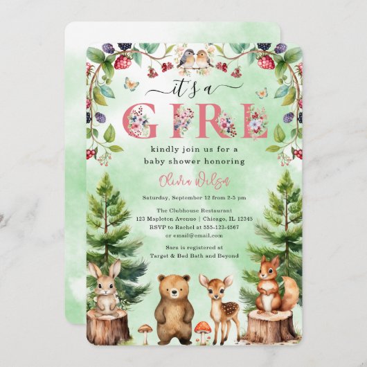 Es ist eine Baby-Woodland-Tiere-Kinderdusche Einladung (Vorne/Hinten)