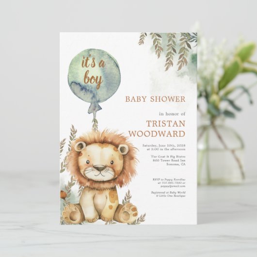 Es ist eine Babyballon-Löwendusche Einladung (Stehend Vorderseite)