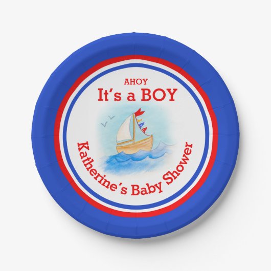 Es ist eine Babysegel Babydusche, die auf eine ind Pappteller (Vorderseite)