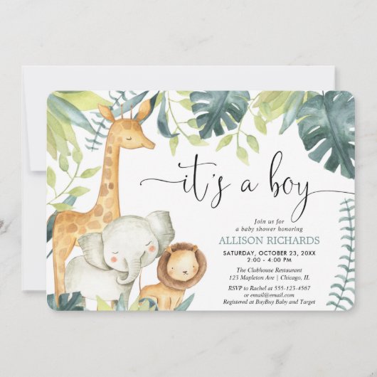 Es ist eine Boy Aquarell Safari Tiere Babydusche Einladung (Vorderseite)