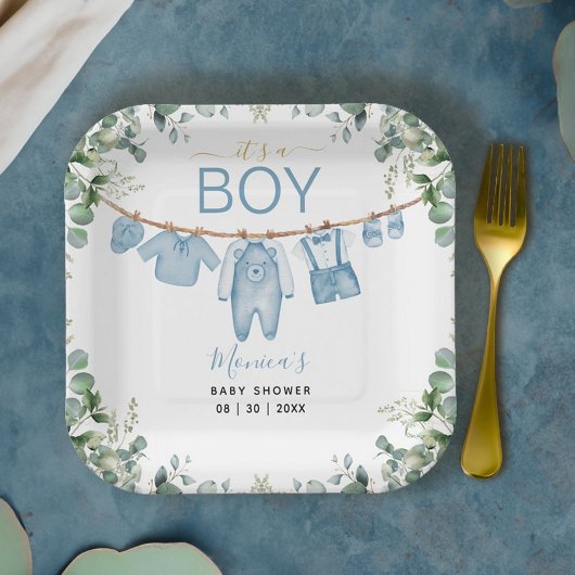 Es ist eine Boy Blue Boho Kleidung Greenery Baby D Pappteller
