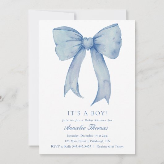 Es ist eine Boy Blue Bow Baby Shower Einladung (Vorderseite)