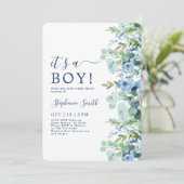 Es ist eine Boy Blue Floral Baby Dusche Einladung (Stehend Vorderseite)
