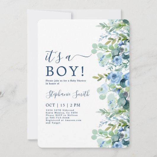 Es ist eine Boy Blue Floral Baby Dusche Einladung (Vorderseite)