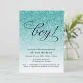Es ist eine Boy Blue Ombre Glitzer Babydusche Einladung (Stehend Vorderseite)