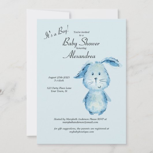 Es ist eine Boy Bunny Watercolor Babydusche Einladung (Vorderseite)