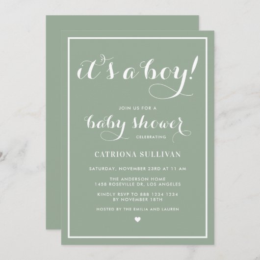 Es ist eine Boy Calligraphy Sage Green Baby Shower Einladung (Vorne/Hinten)