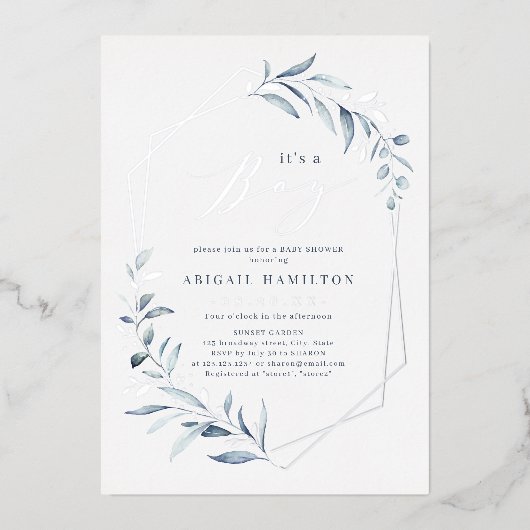 Es ist eine Boy Dusty Greenery Rose Gold Baby Dusc Folieneinladung (Vorderseite)