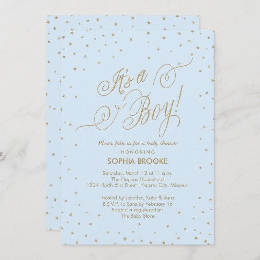 Es ist eine Boy Extravagant Gold Stars Blue Baby B Einladung (Vorne/Hinten)