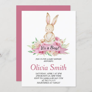 Es ist eine Boy Floral Bunny Watercolor Baby Dusch Einladung