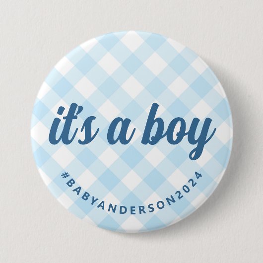 Es ist eine Boy Gingham Baby Dusche Button (Vorderseite)
