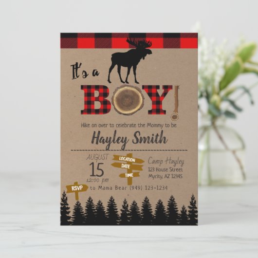 Es ist eine Boy Moose Flannel Karierte Babydusche Einladung (Stehend Vorderseite)