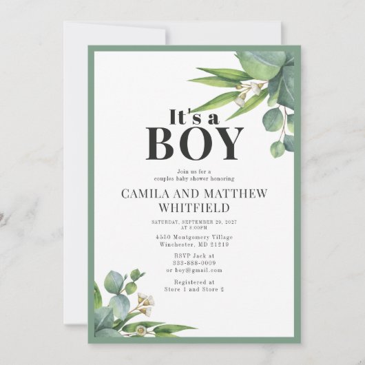 Es ist eine Boy Palms Blätter Blumengrün Baby Dusc Einladung (Vorderseite)