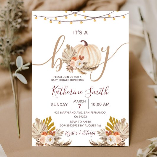 Es ist eine Boy Pumpkin Boho Pampas Floral Baby Du Einladung