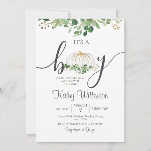 Es ist eine Boy Pumpkin Greenery Floral Baby Dusch Einladung (Vorderseite)