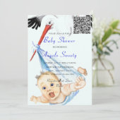 Es ist eine Boy Stork Baby QR Code Dusche Einladun (Stehend Vorderseite)