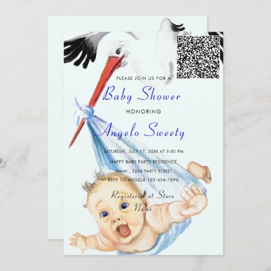 Es ist eine Boy Stork Baby QR Code Dusche Einladun (Vorne/Hinten)