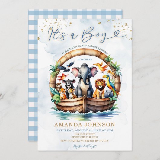 Es ist eine Boy Süße Tier Noah's Ark Baby Dusche Einladung (Vorne/Hinten)